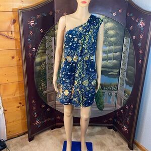 BDB David Bitton Navy, blue, Yellow and White One Shoulder Dress